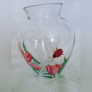 Lenox Crystal Bud Vase Made in Romanoa Handpainted Flowers and Ladybug Signed